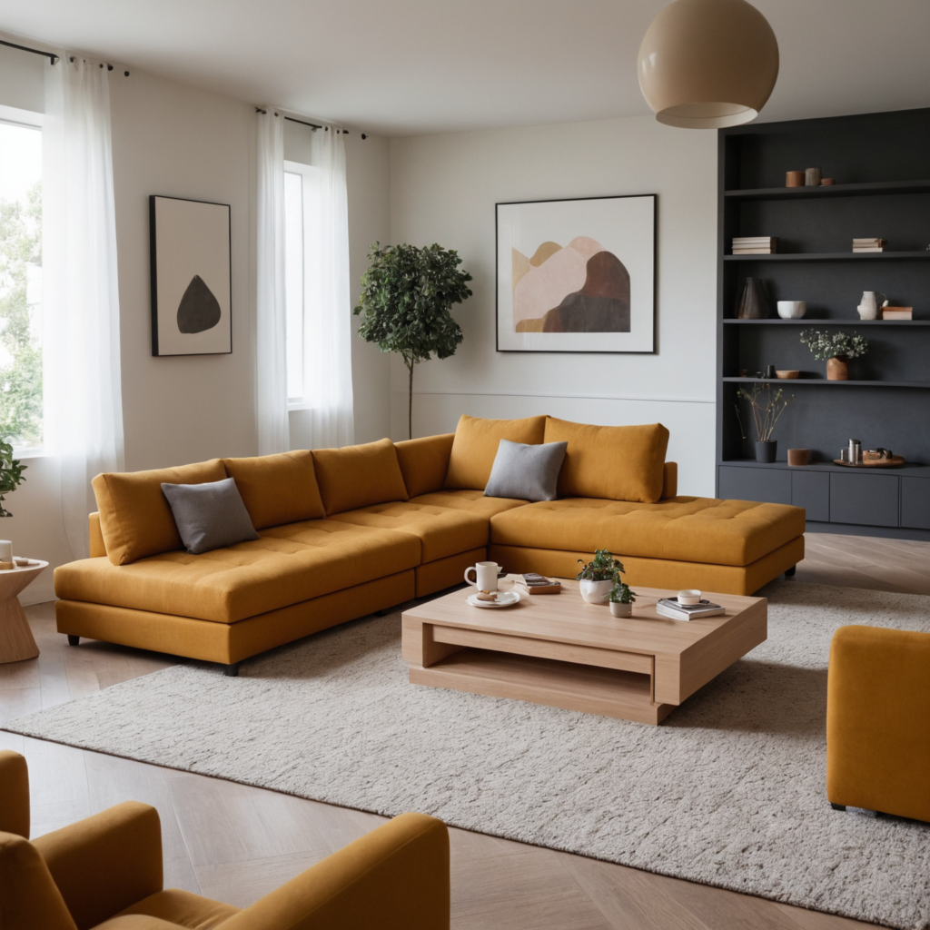A stylish living room with a convertible sofa bed, a sleek storage coffee table, modular seating, and minimal decor for a modern aesthetic.