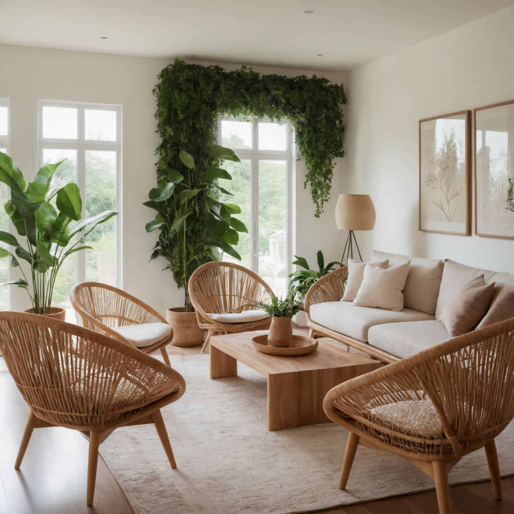 A modern living room with a lush indoor plant wall, wooden furniture, natural light pouring through large windows, cozy neutral decor, and rattan chairs.