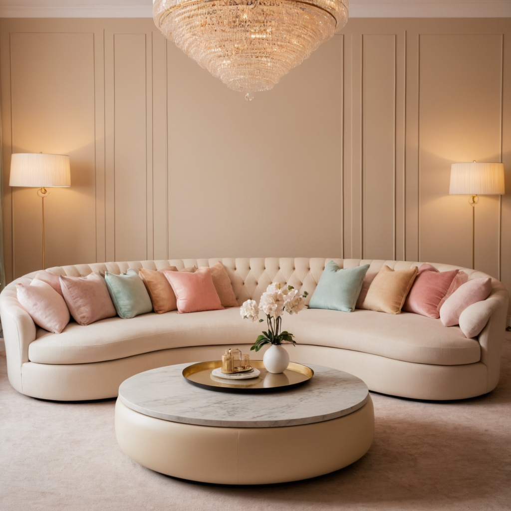 A luxurious living room featuring a cream-colored curved sofa, a round marble coffee table, warm lighting, pastel accent pillows, and elegant decor.