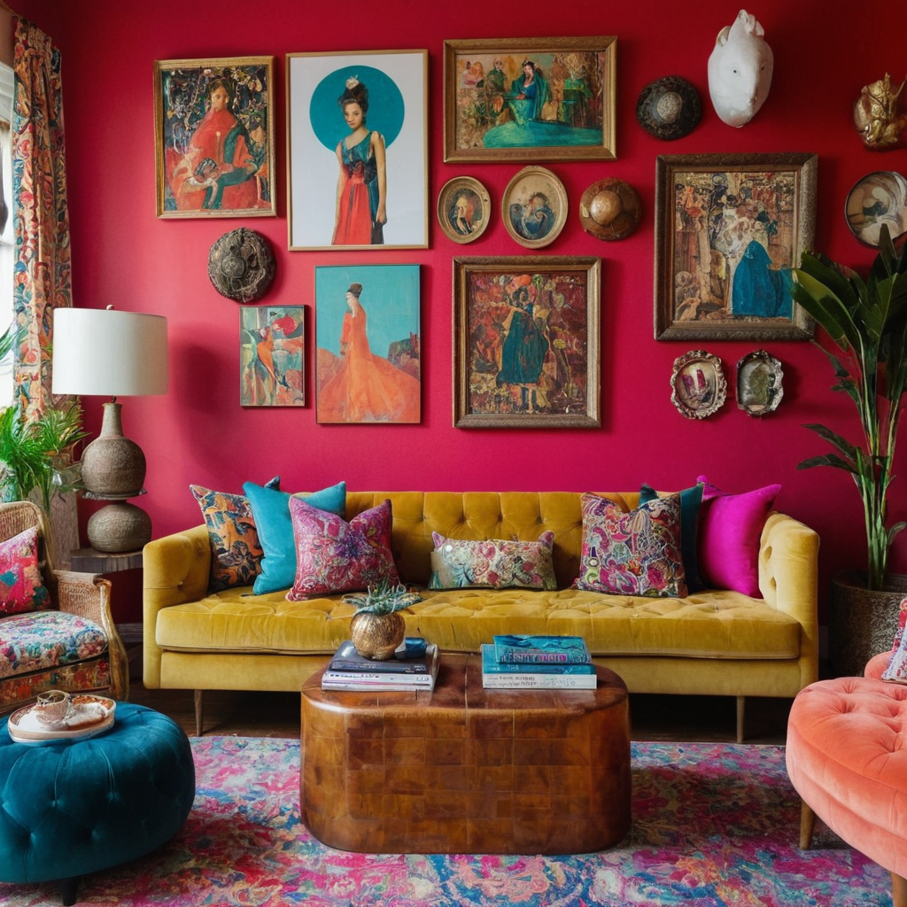 A vibrant maximalist living room with a patterned accent wall, colorful cushions, a mix of vintage and modern furniture, an eclectic gallery wall, and layered textures.
