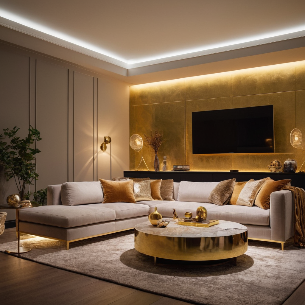 A modern living room with warm ambient lighting, sleek LED strip lights, a statement floor lamp, gold accents, and a plush sectional sofa.