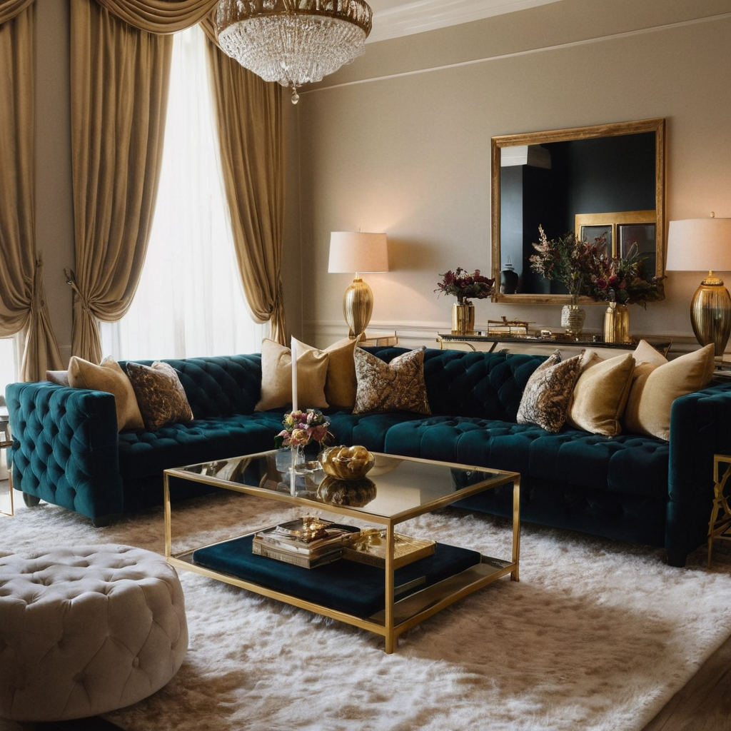 A glamorous living room with a velvet sofa, a faux fur rug, silk drapes, gold accent pieces, and a sophisticated coffee table setup.