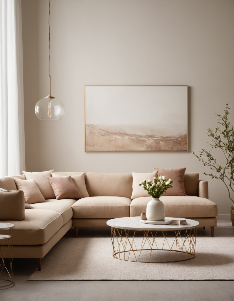 A minimalist living room looks best with neutral tones like white, beige, gray, or soft pastels.