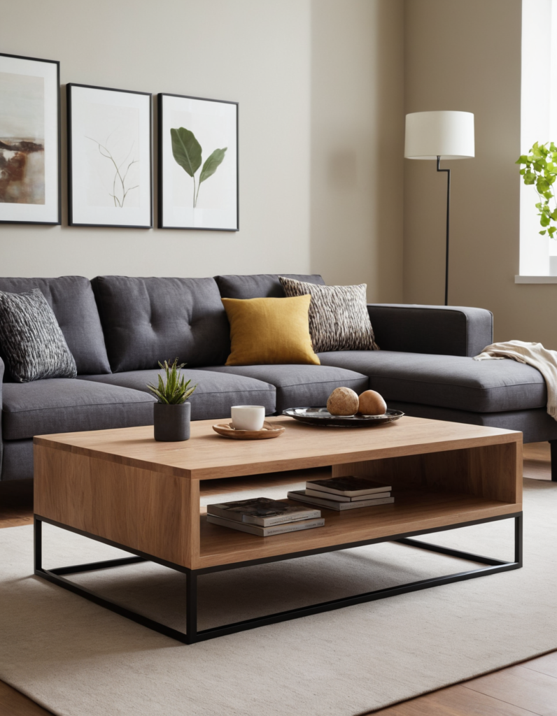 modern furniture with clean lines. A comfortable sofa, a simple coffee table