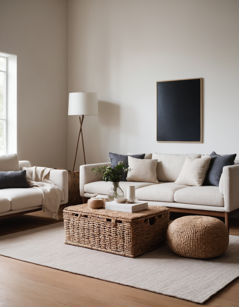 Adding different textures like a wool rug, linen cushions, or a wooden coffee table brings warmth and depth to the space.