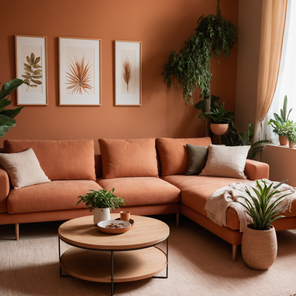 A cozy modern living room with earthy tones, terracotta-colored walls, a beige sectional sofa, wooden coffee table, soft lighting, indoor plants, and woven textures.