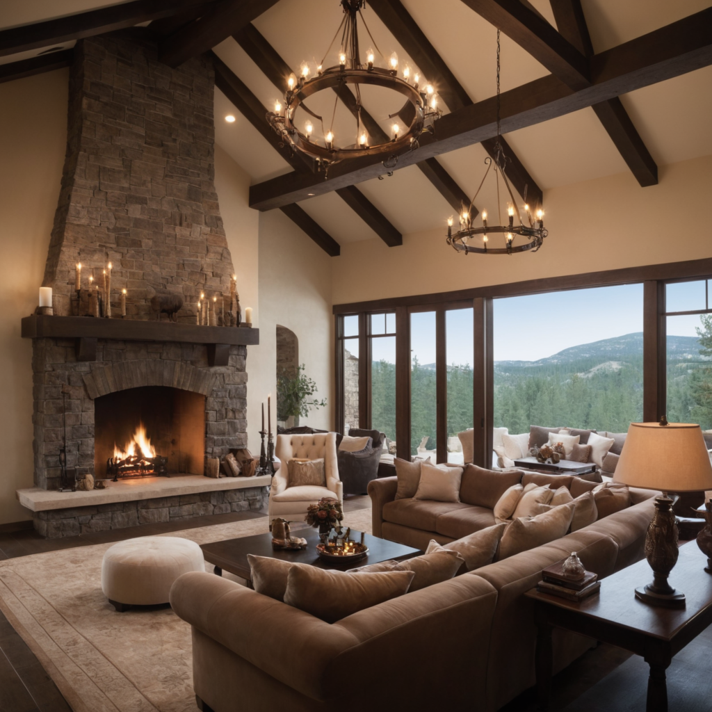 A luxurious living room with a dark wood-beamed ceiling, elegant pendant lighting, plush furniture, large fireplace, and soft neutral decor.