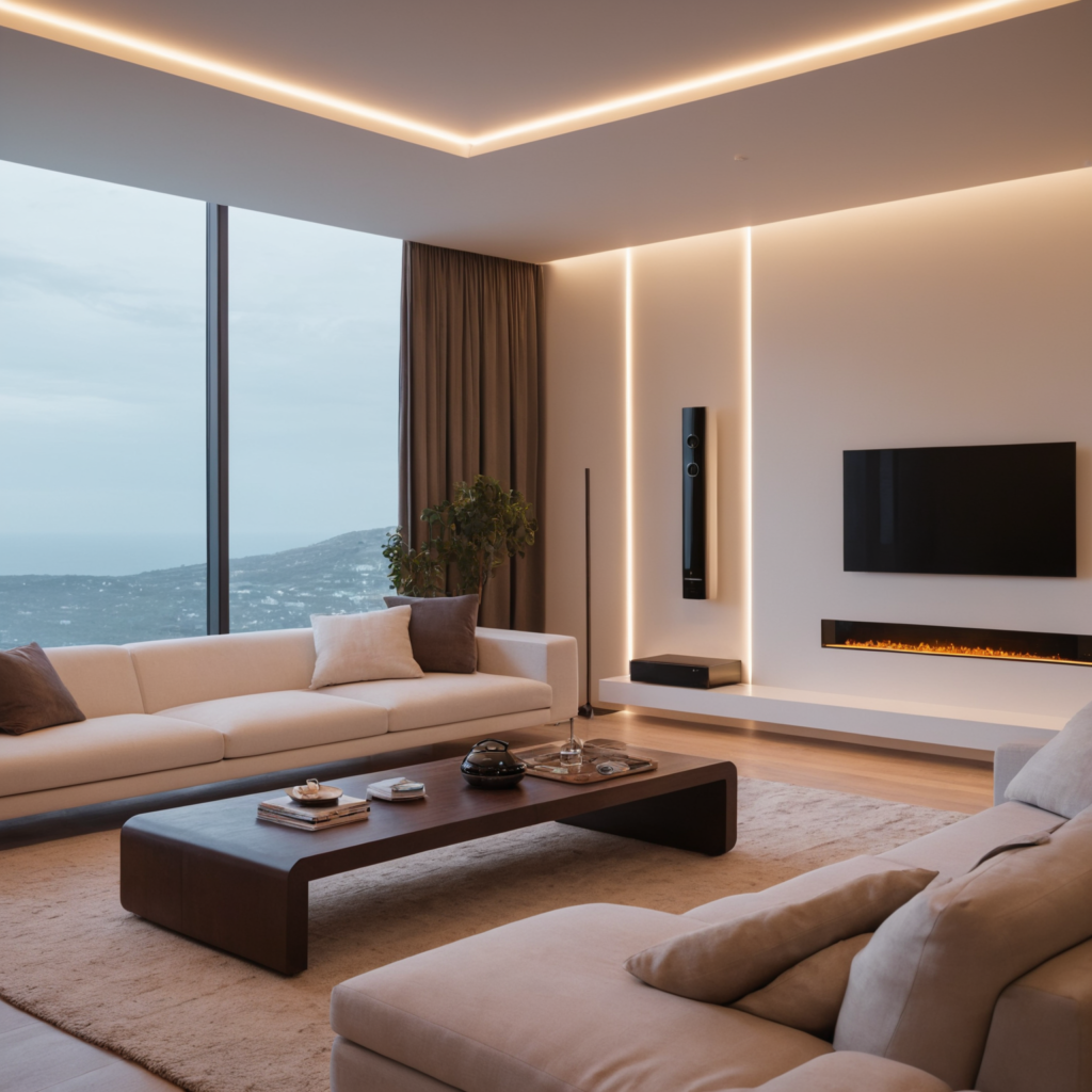 A futuristic living room with smart LED lighting, voice-controlled devices, a sleek entertainment system, minimalist decor, and a smart thermostat.